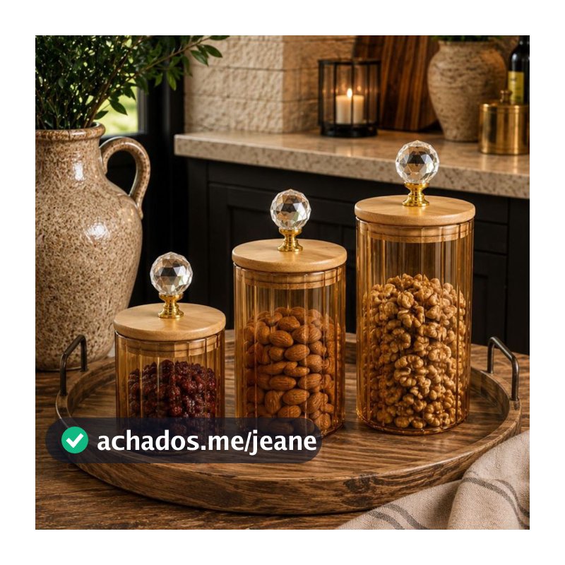 Kit 3 Porta Mantimentos Vidro Canelado Âmbar Luxo - Vencedor