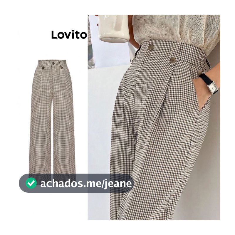 Lovito Calça Feminina com Pregas Frente Estampa Xadrez PTB70AD049