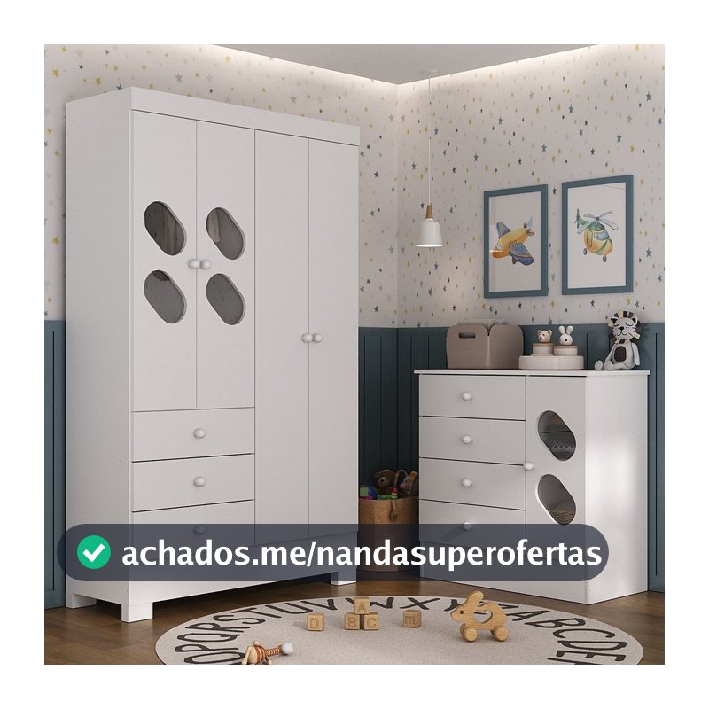 Quarto Infantil / Juvenil com Guarda Roupa e Cômoda Stella Branco