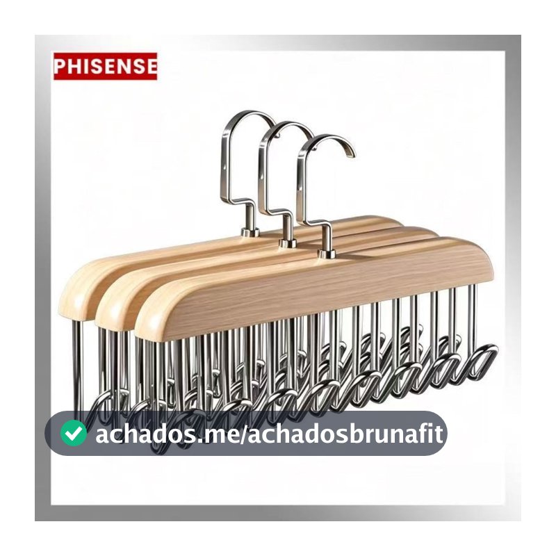 Kit 3 Cabides De Madeira Organizador Para Cintos Gravatas Colares Cachecóis E Sutiãs Com 8 Ganchos