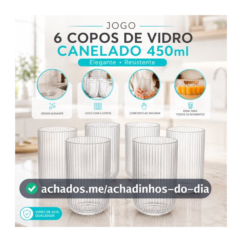 Jogo 6 Copos de Vidro Canelado 450ml Elegante Resistente para Água Suco e Drinks