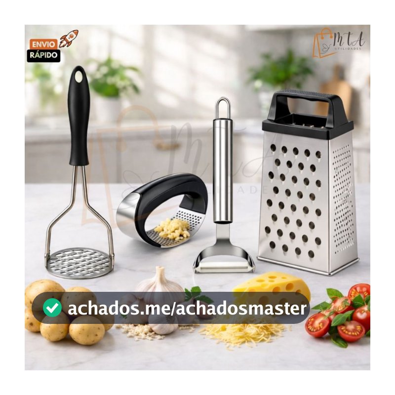 Kit Utensílios Ralador 4 Faces Amassador Batata Amassador Alho Descascador de Legumes em Aço Inox