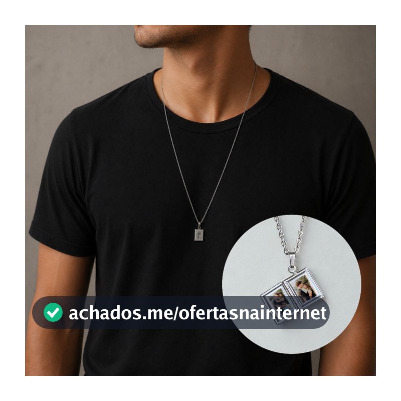 Colar Relicário Cruz Corrente Masculino com Foto Presente, Namorado, Casal, Feminino