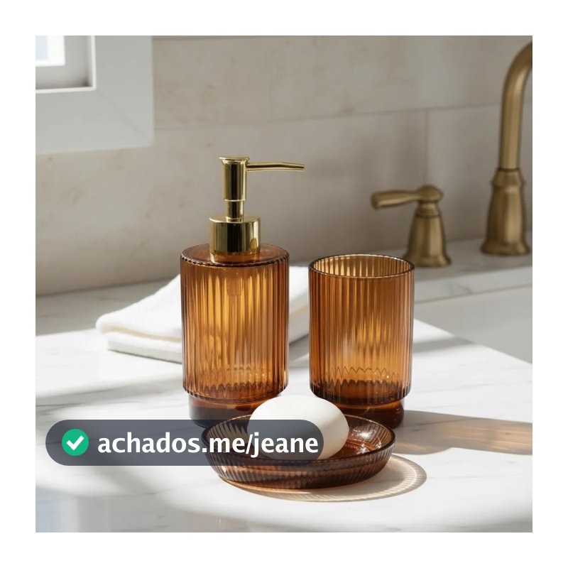 Kit Banheiro Lavabo Lumin 3 Peças Vidro Âmbar Canelado Detalhe Dourado