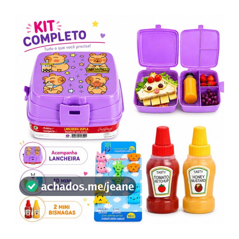 Lancheira Infantil Escolar Safari Kit Completo com 10 Garfinhos e 2 Mini Bisnagas Marmita Lanche