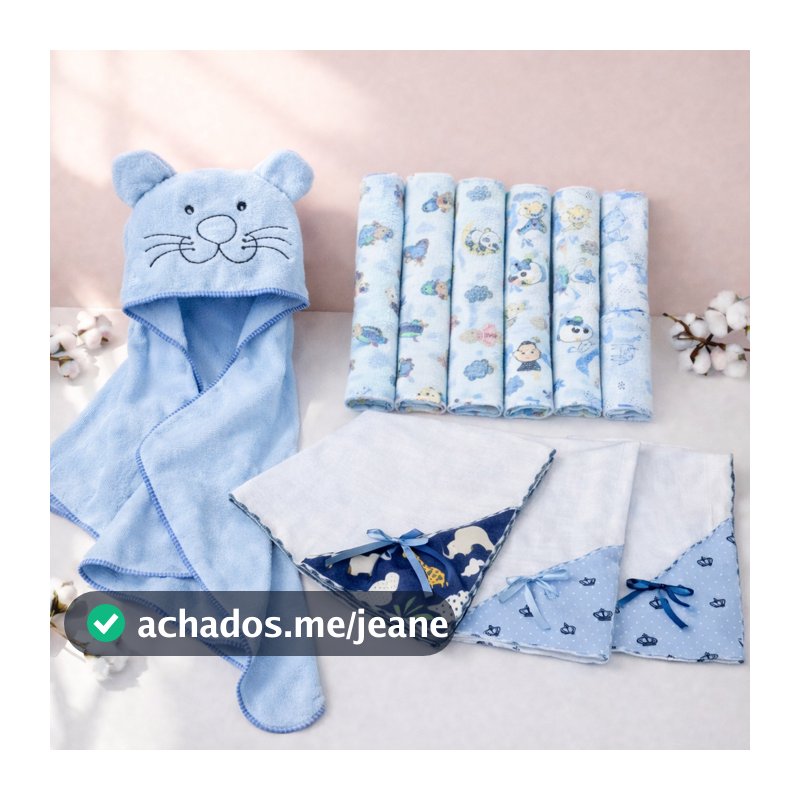 Kit Enxoval Bebê 15 Peças Toalha de Banho Bebê Bordada + 11 Fraldinhas + 3 Manta Fralda 100% Algodão