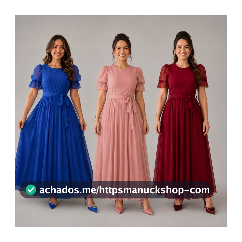 Vestido Longo Evangelico Feminino Manga Tule Princesa Elegante Social Tendencia Brasil Gospel
