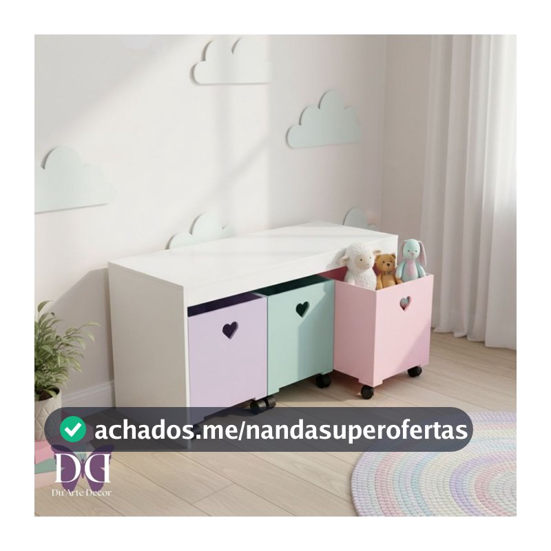 Organizador de Brinquedos Bancada Infantil 3 Gavetas Com Rodinhas em MDF