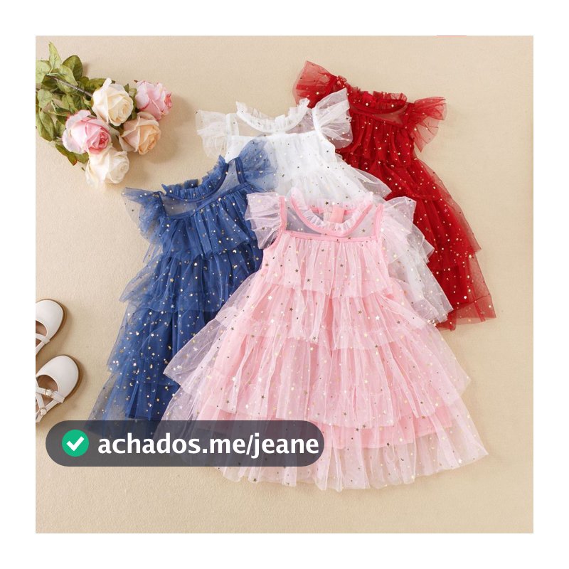 Vestido infantil estrelinhas estrelas tule aniversário ensaio fotográfico frozen