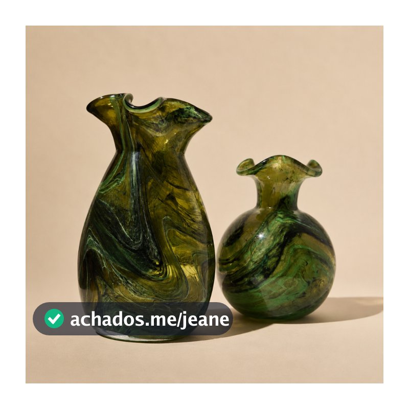 Kit 2 Vasos Murano Vidro Marmorizado Cor Verde Esmeralda Casa Decor e Elegancia