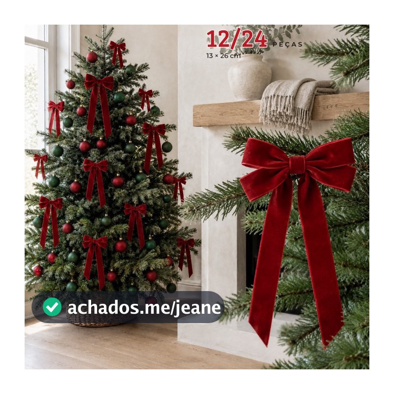 Kit 12 Peças Laços De Árvore De Natal Em Veludo Vermelho, 13x26cm, Decoração Natalina