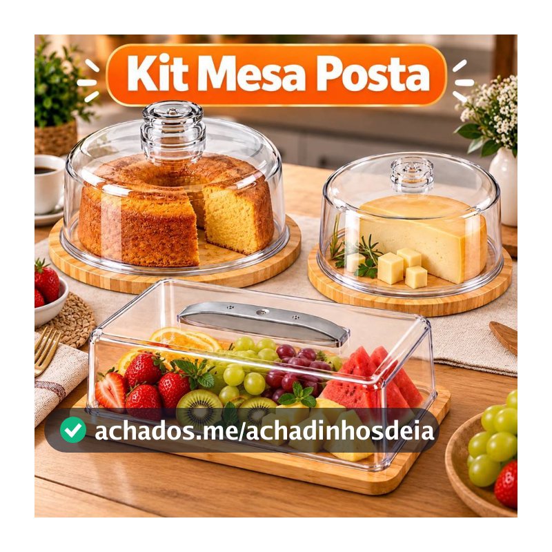 Kit Mesa Posta Porta Bolo Porta Queijo Tábua de Servir com Cúpula Acrílica e Base de Madeira Pinus