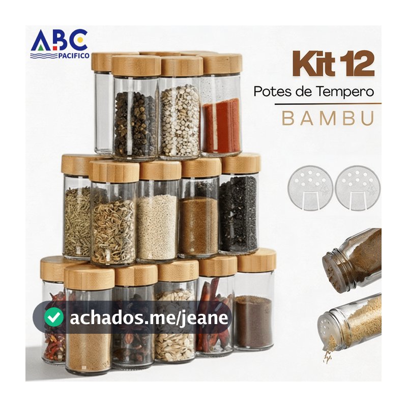 Kit 12/24 Potes Vidro Tampa Bambu Dosadora Porta Temperos Condimentos Cozinha Hermético Organizador Alimentos