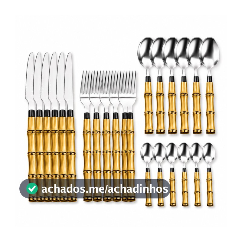 Faqueiro 24,12 ou 8 Peças Aço Inox Cabo Bambu Jogo de Talheres Luxo Cozinha Cabo imitando Madeira Bambu