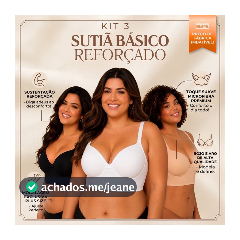 Kit 3 Sutiã Reforçado Basico Sustentação Microfibra Premium Direto de Fábrica Bojo e Aro Plus size