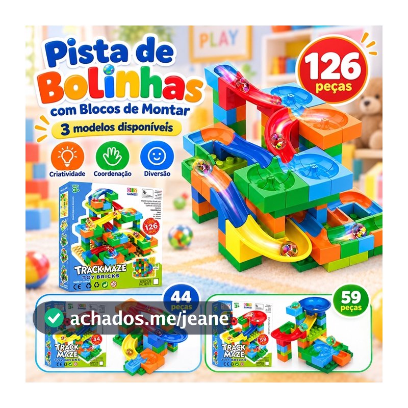 Pista de Bolinhas com Blocos de Montar Infantil 44/59/126 Peças Brinquedo Educativo