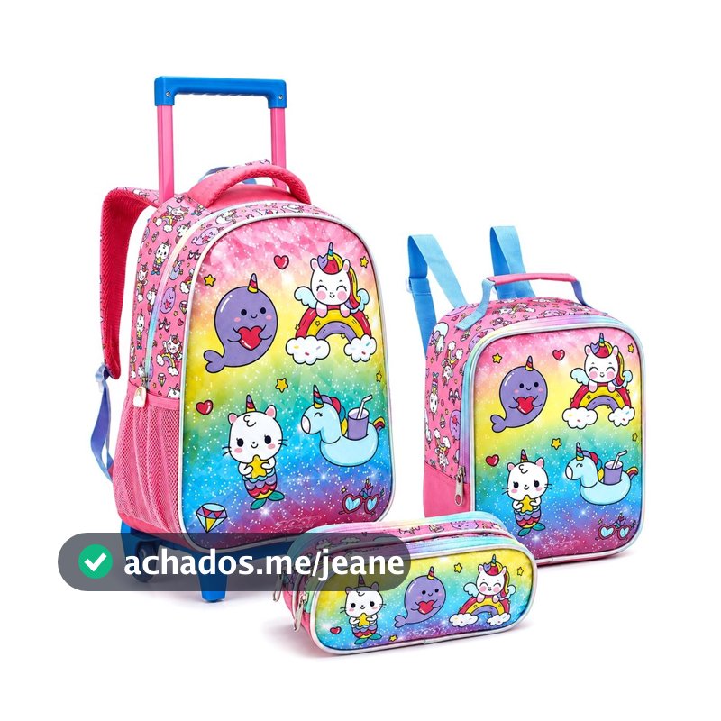 Mochila Escolar Unicórnio Lancheira + Estojo Rodinhas Menina Infantil Estampada - Seanite