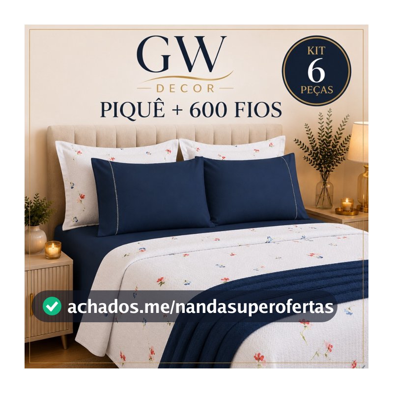 Kit 6 Peças Piquê + 600 Fios Jogo de Cama Macio e Sofisticado Casal Queen e King