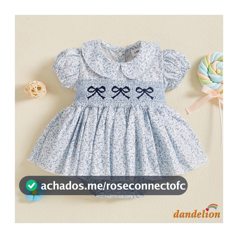Bebê Meninas Verão Manga Curta Arco Bordado Floral Impressão Doce Macacão