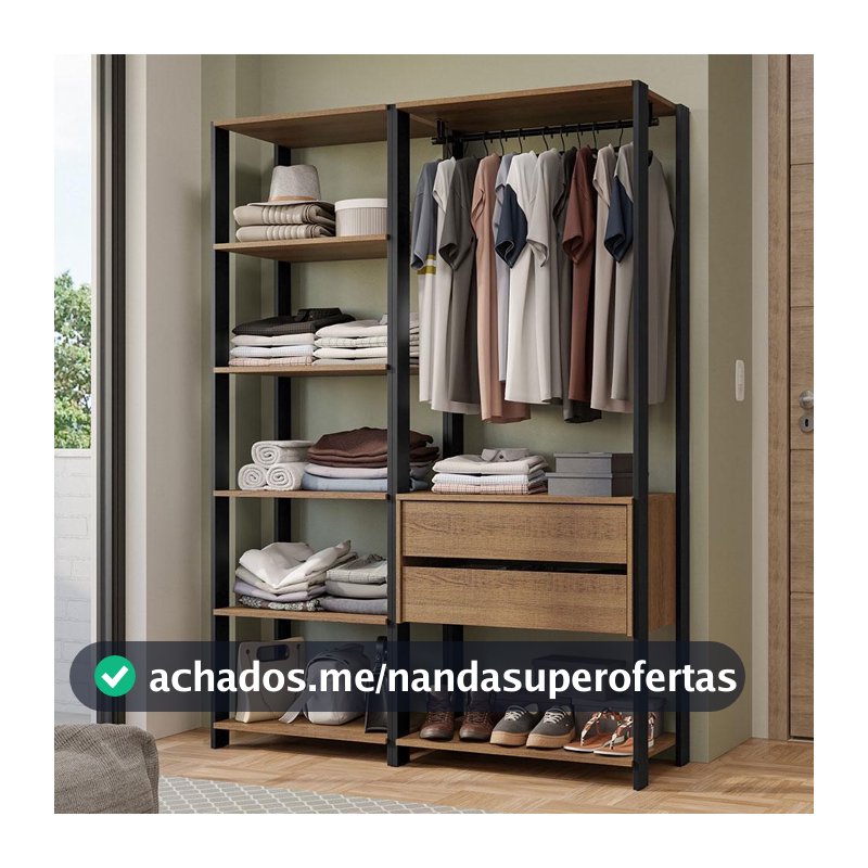 Guarda-Roupa Closet Modulado Valencia 2 Gavetas 129cm Rustic/Preto Madesa