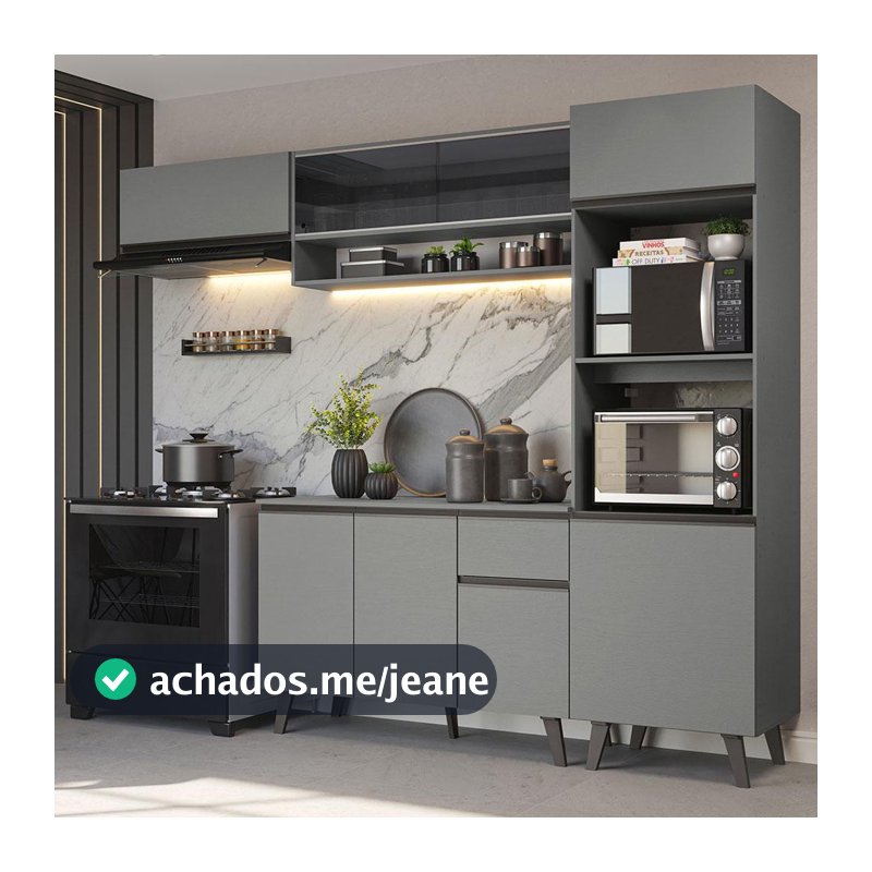 Armário de Cozinha Completa 260cm Cinza Nice Madesa 03