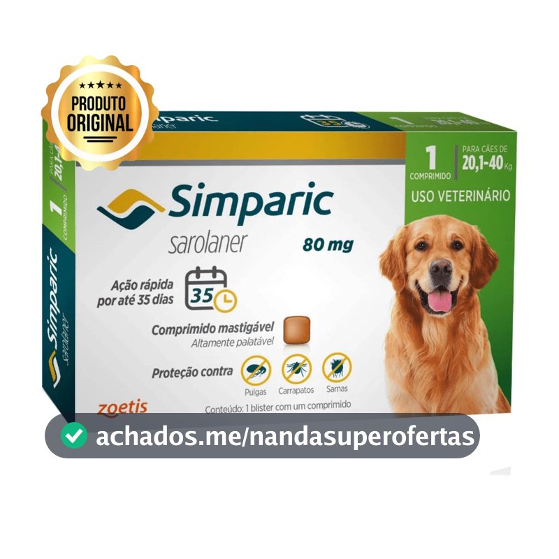 Anti Pulgas e Carrapatos Simparic Cães de 20,1 a 40 Kg - 80 Mg 01 Comprimido - Zoetis