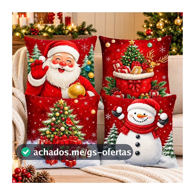 Kit 4 Capas De Almofada C/ Zíper 45x45 Decorativa Estampa Feliz Natal Papai Noel Rena Decoração
