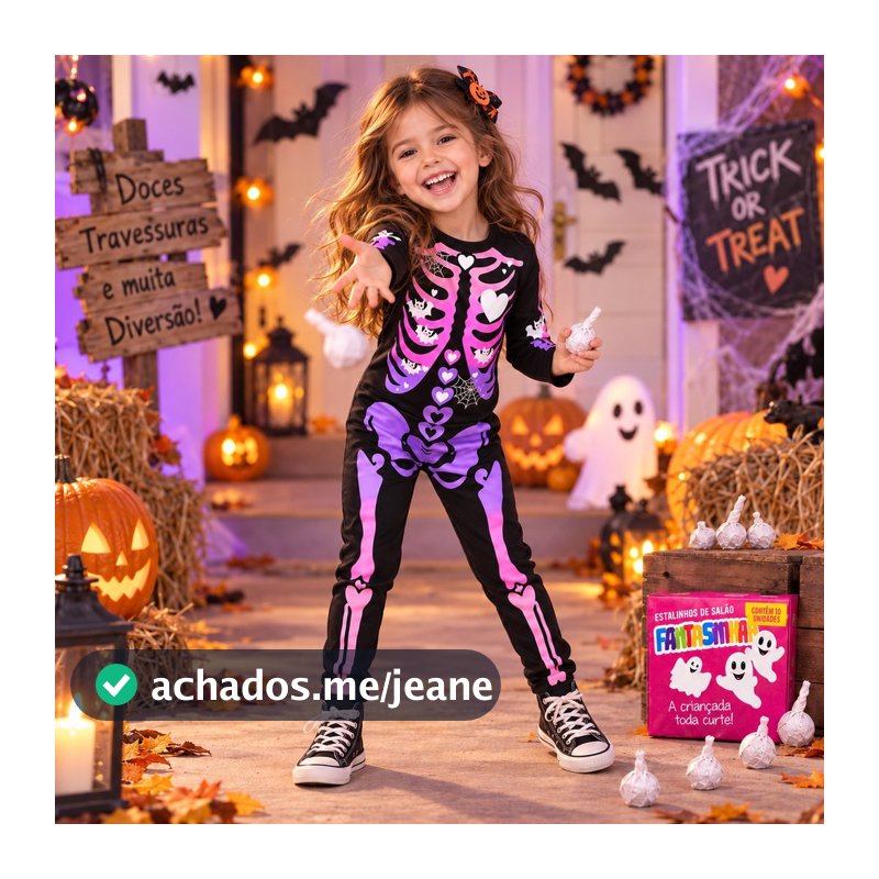 Fantasia Esqueleta Luxo Infantil Zumbi Halloween + Brinde (01 Par de Xuxinha Temática de Halloween) Envio Imediato