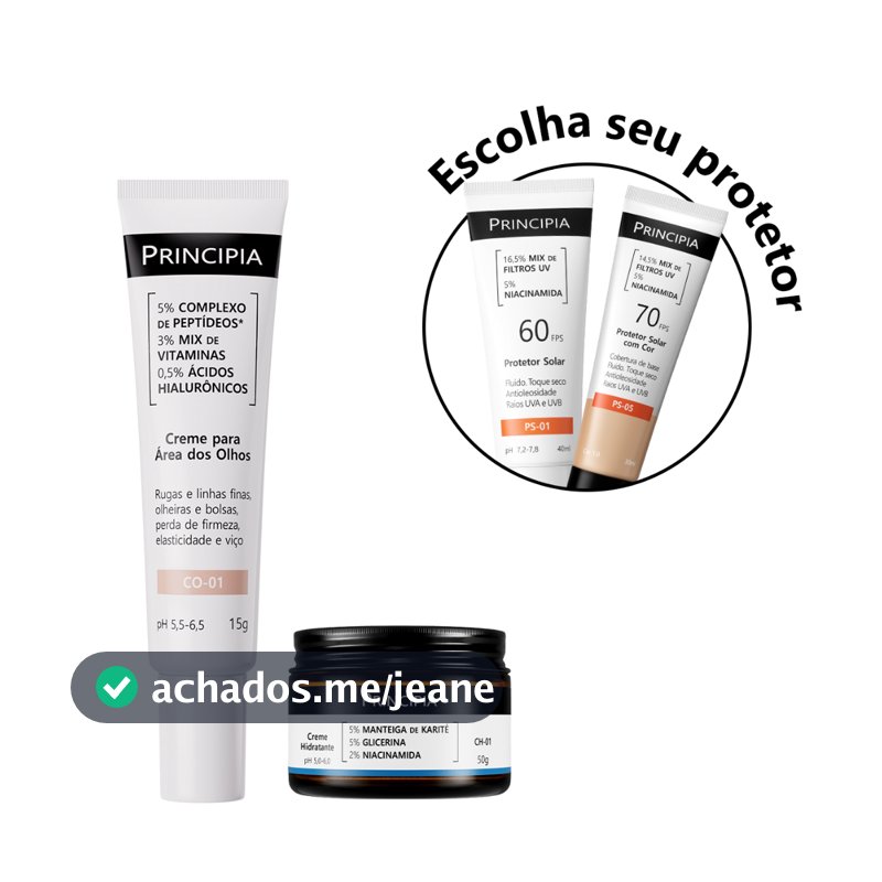 Principia Kit Cuidado Facial c/ Creme Para os Olhos CO-01 + Creme Hidratante CH-01 + Protetor Solar c/ ou s/ Cor