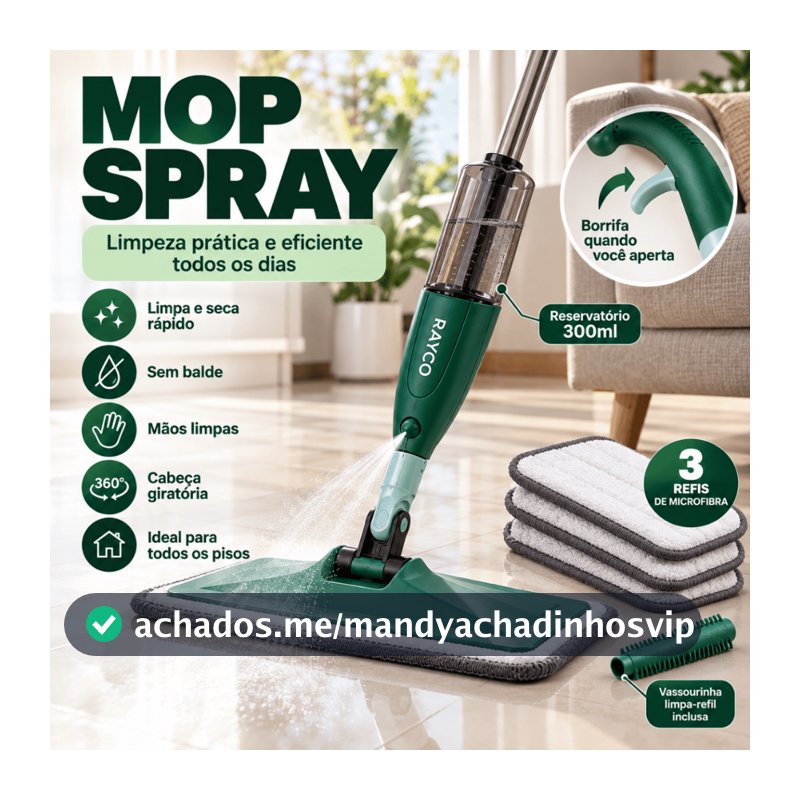 Mop Spray com Reservatório Reforçado Rodo Mágico Esfregão Microfibra 2 Refil Extra Limpeza Piso