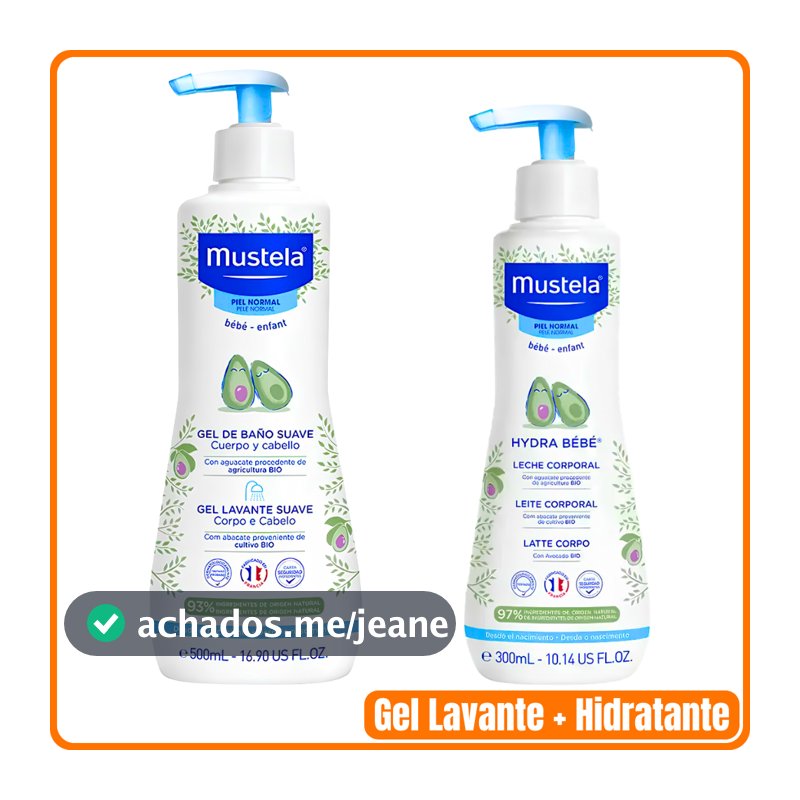 Kit com Gel Lavante Suave Mustela Corpo e Cabelo com 500ml + Loção Hidratante Mustela Hydra Bebê com 300ml