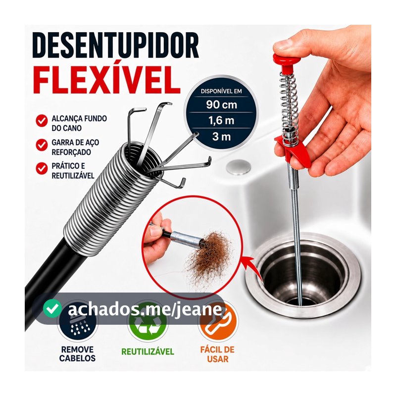 Desentupidor de Ralo Flexível 1,6m e 3m com Garra Remove Cabelo Pia Banheiro Cozinha Canos