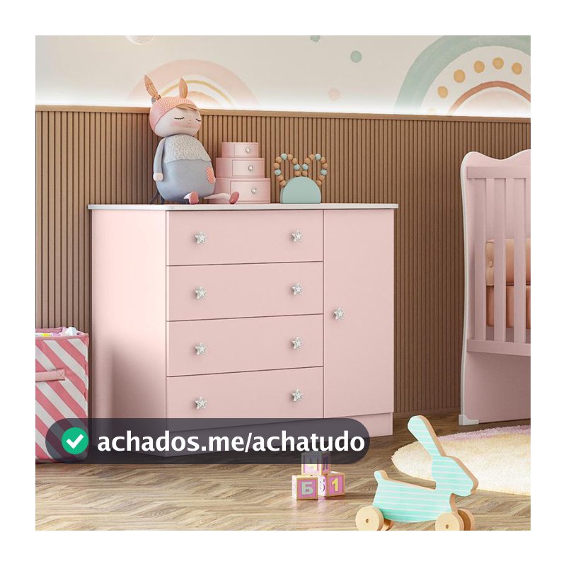 Comoda Sapateira 1 Porta 4 Gavetas Doce Sonho Rosa Acetinado