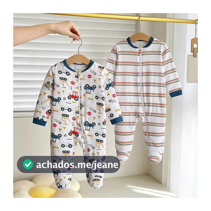 Conjunto de 2 peças de macacão Bebê Manga Longa com Pé Macio Estampa Veículos Obra Listras Recém Nascido