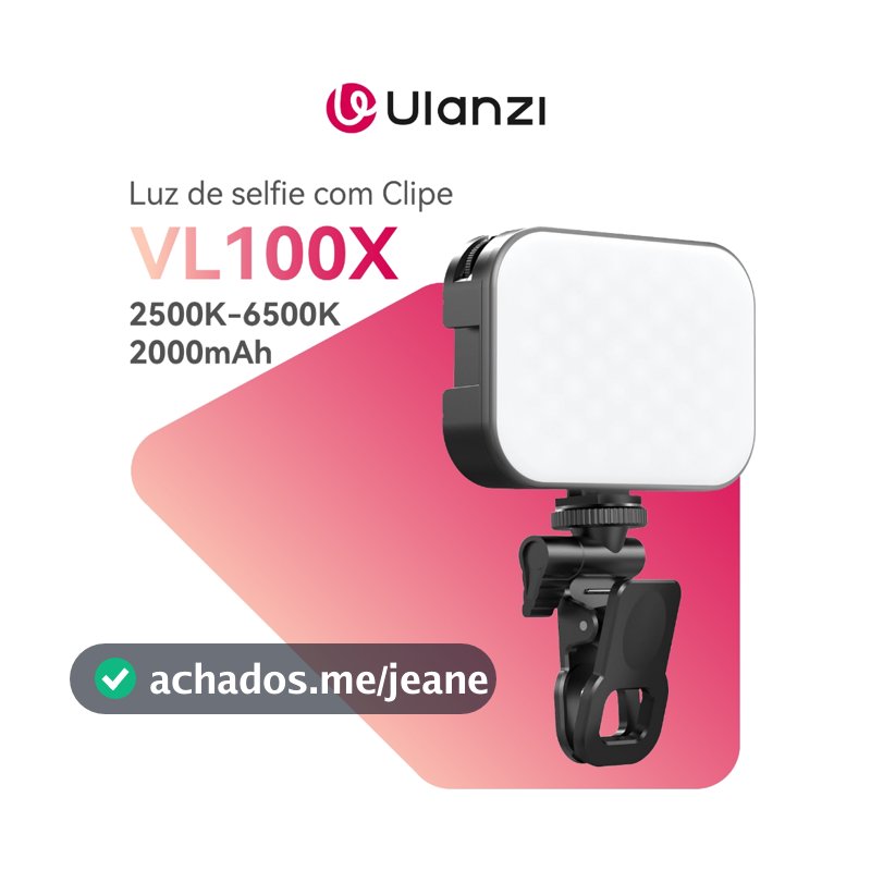 ULANZI VL100X Luz LED Selfie 2500K-6500K Bateria 2000mAh com Clip e Sapata Fria Vlog