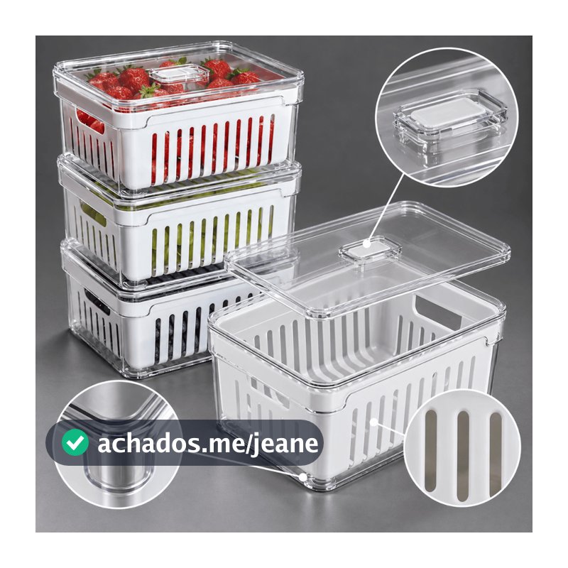 Kit 4 Organizadores de Geladeira 2,2L Cesto Interno Plástico Sem BPA Pote de Acrílico Organizador Frutas Legumes Frescos
