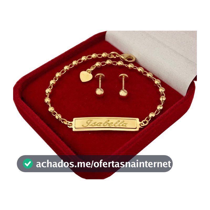 Kit Brinco e Pulseira Nome Infantil Bebê Criança Feminino Folheado a Ouro 18k