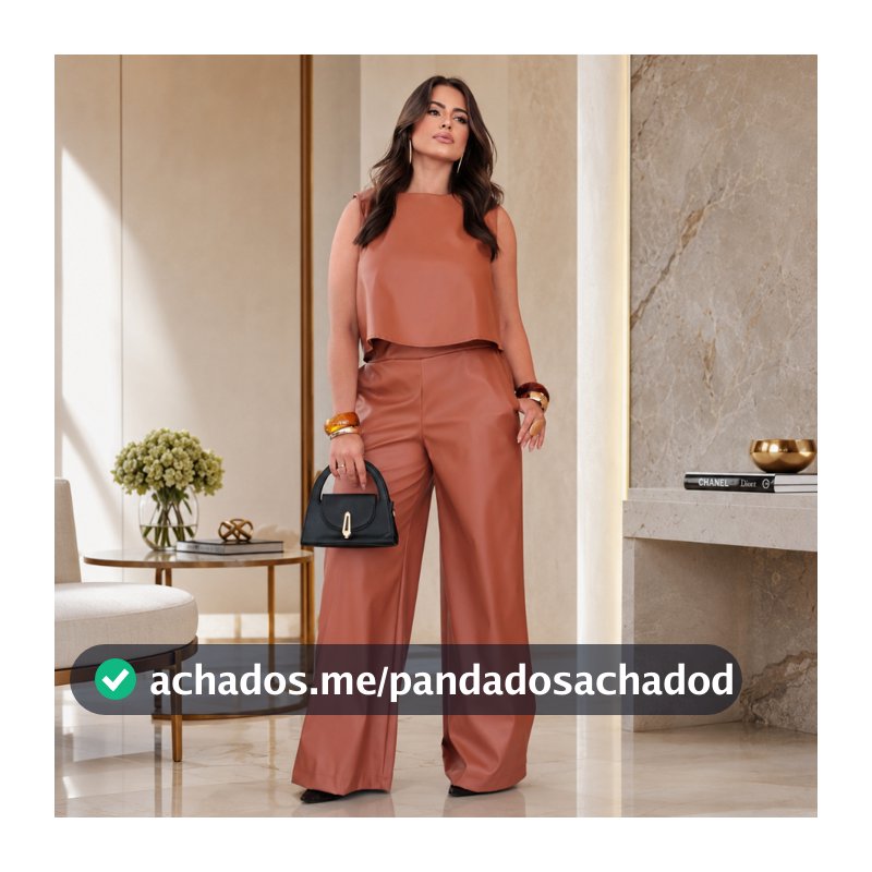 Conjunto Feminino Couro Fake Calça Pantalona e Blusa Elegante