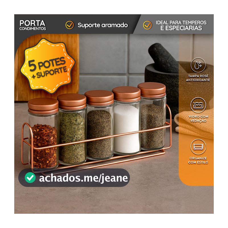 Kit 5 Porta Condimentos de Vidro com Tampa e Suporte - Moderno e Prático