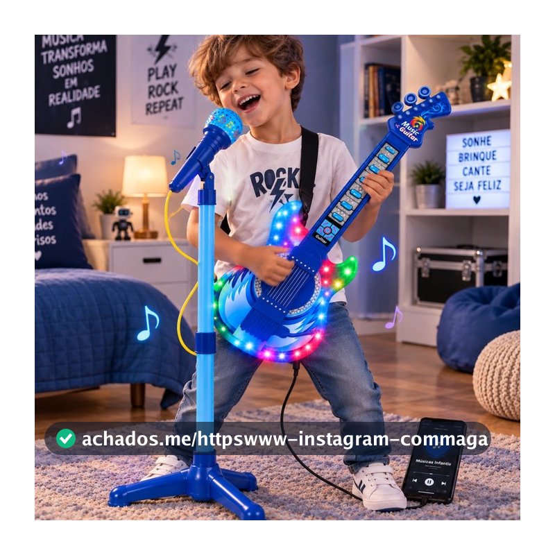 Guitarra Infantil com Microfone e Pedestal Karaokê MP3 Azul Brinquedo Musical Presente Dia das Crianças