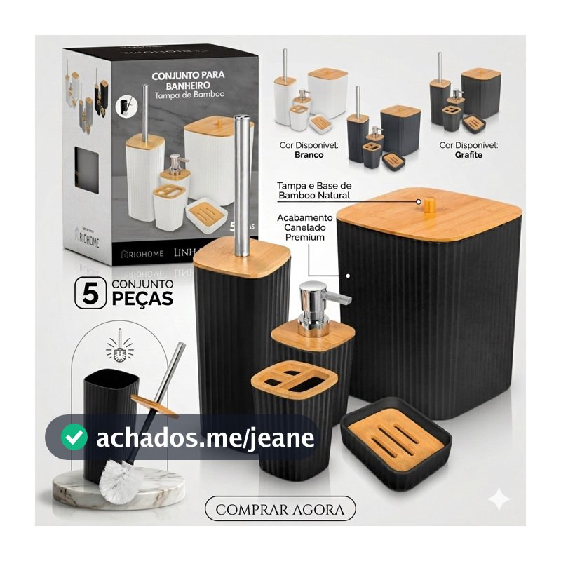 Kit Banheiro Conjunto Acessórios Lavabo Luxo 5 Peças Bambu