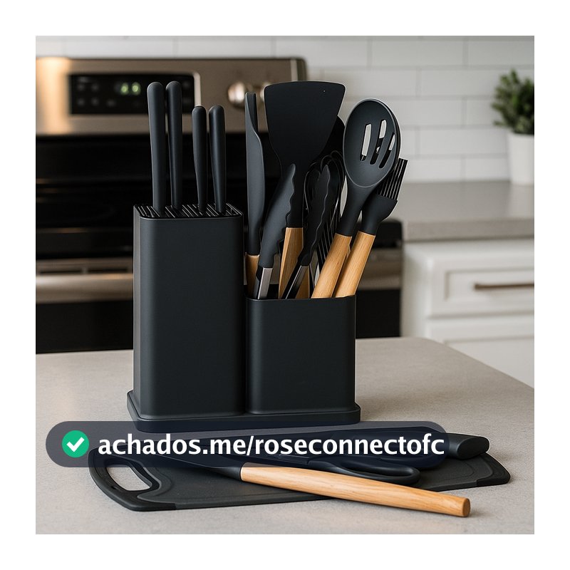 Kit Cozinha 19 Peças Silicone Antiaderente Facas Inox Madeira com Suporte