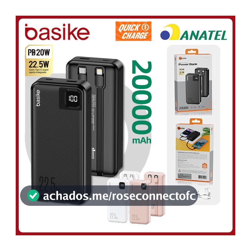 Basike Carregador Portátil Power Bank 20000mAh Bateria Externa Para iPhone Samsung Pow079