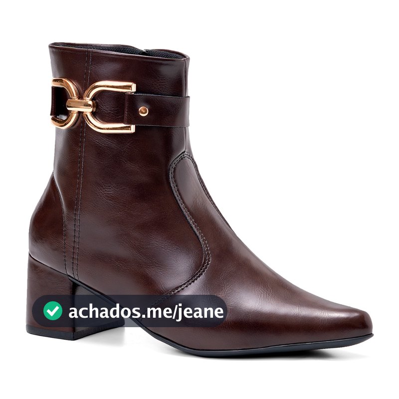 Bota Feminina Lumiss Bico Fino Salto Médio Bloco Cano Curto Fivela Dourada