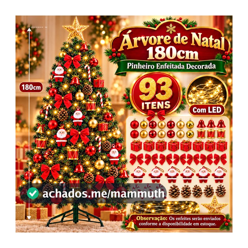 Árvore de Natal 180cm Decorada Completa 340 Galhos  93 Enfeites Pisca LED Pinheiro Artificial