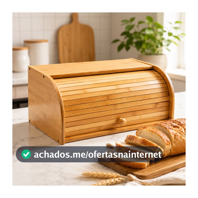 Porta Pães Bambu Grande Premium  com tampa retrátil Baú de armazenamento cozinha organizada