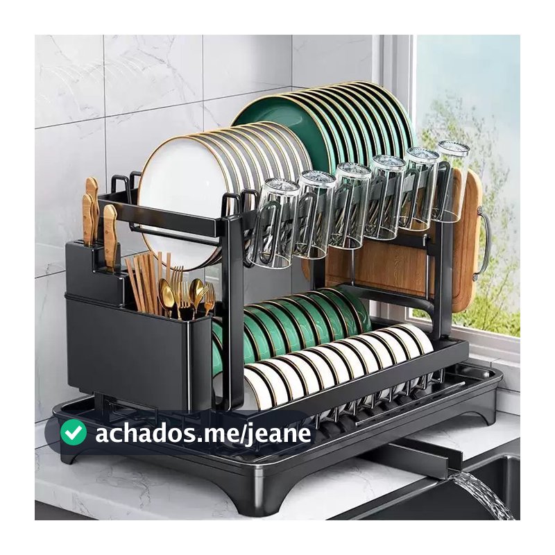 Escorredor de Louças Preto em Aço Carbono - Organizador de Cozinha, Rack para Pratos e Copos, Dreno e Secagem