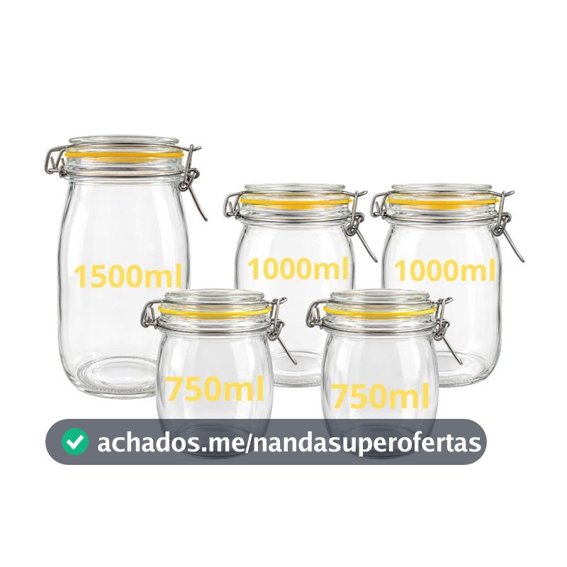 Kit 5 Potes de Vidro para Cozinha e Despensa Diversos Modelos e Capacidades