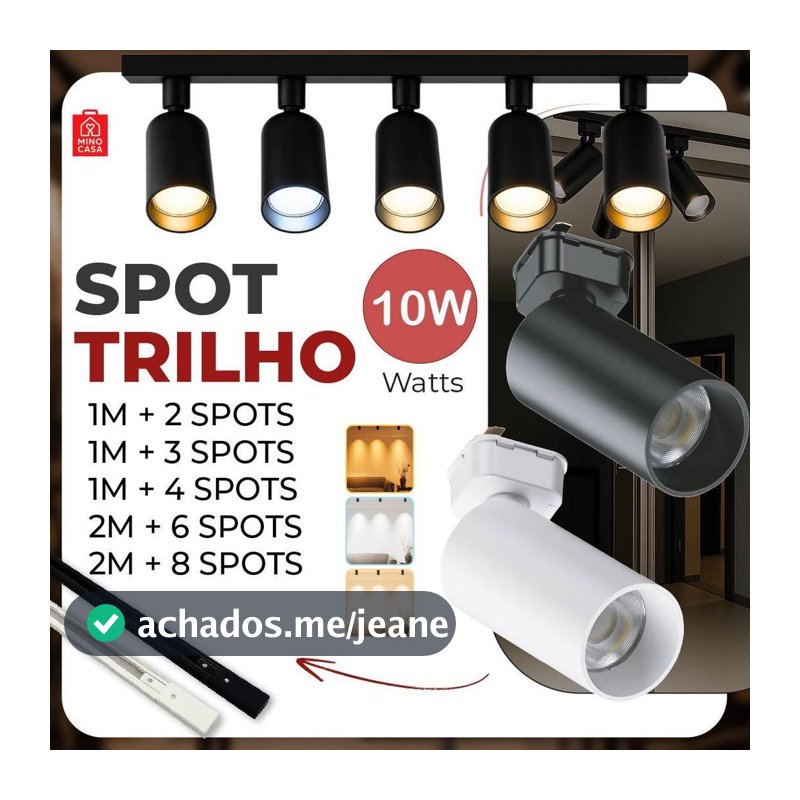 Trilho Spot LED para trilho eletrificado + Trilho + Conector Tubinho Preto e Branco 10W Bivolt