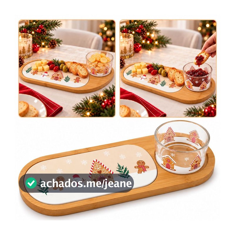 Petisqueira De Natal Bambu Encanto Lyor Com Tabua Porcelana Vidro para Mesa Posta Natalina